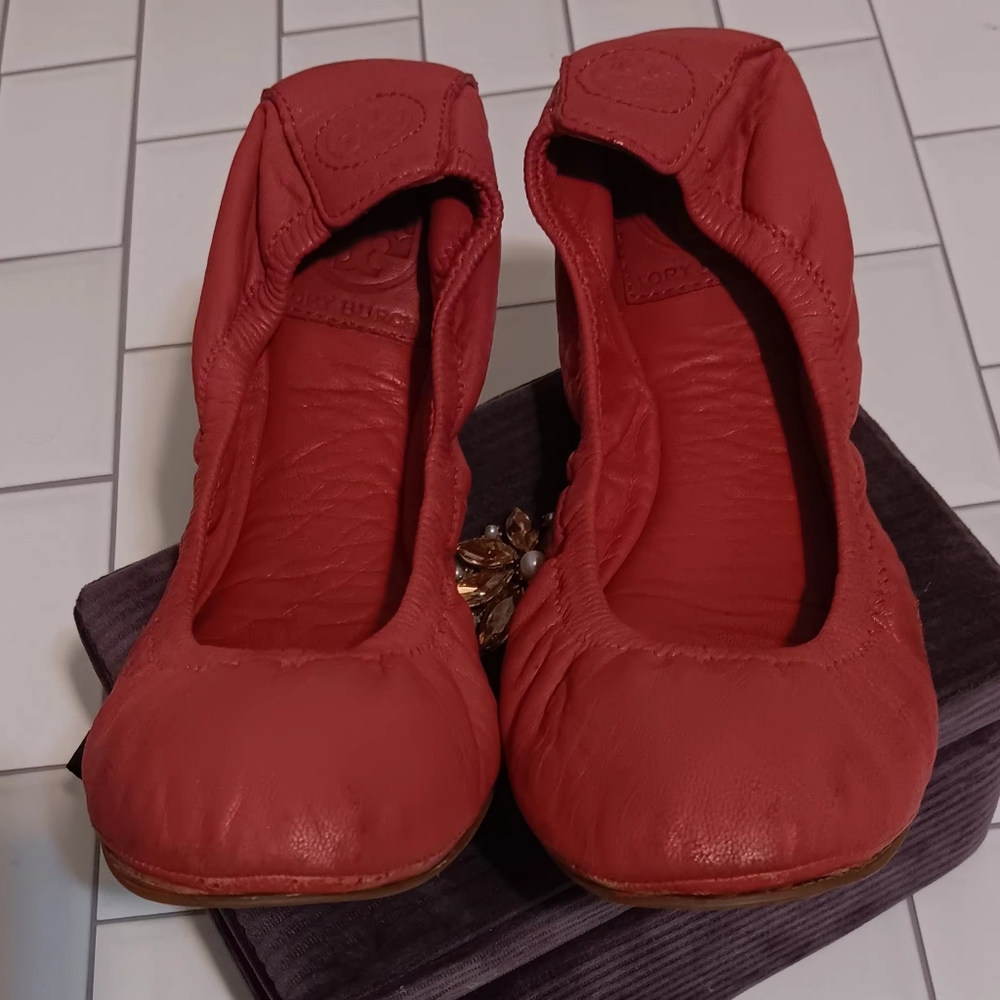 Tory Burch Eddie Leather‎ Slip Ballets Women Shoes Flats Sz7M Red Orange